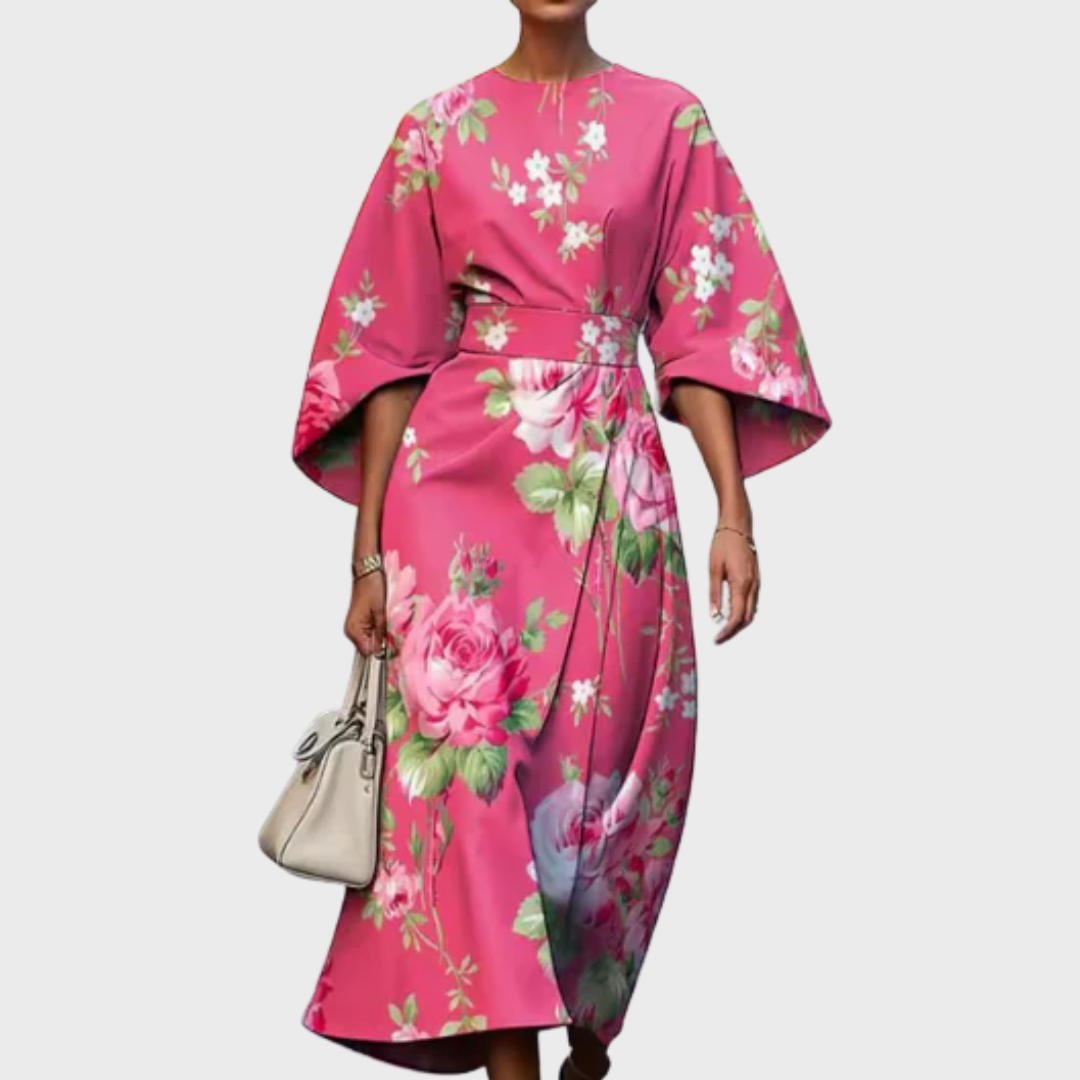 Ceylan Women’s Floral Midi Dress Statement Kimono Sleeve