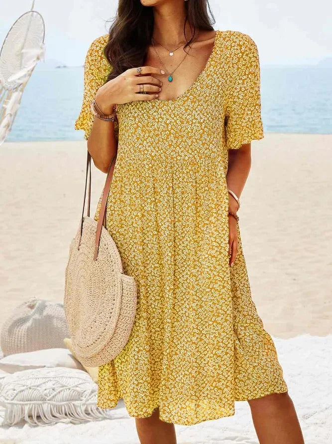 Women’s Floral V-Neck Smock Dress with Short Sleeves