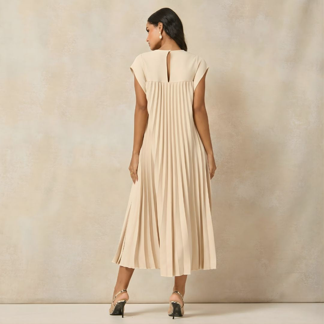 Women's Pleated Maxi Dress with Extended Cap Sleeves and Relaxed Empire Waist