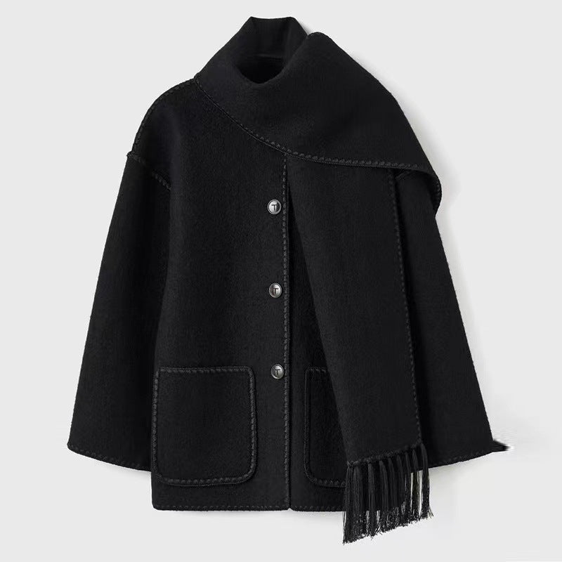 Women's Cape Coat with Contrast Trim and Fringe Detail