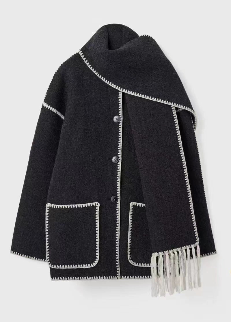 Women's Cape Coat with Contrast Trim and Fringe Detail