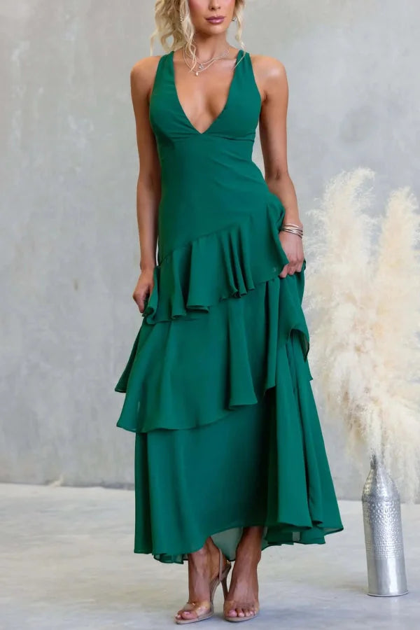 Women’s Sleeveless Maxi Dress with Tiered Skirt and Deep V-Neckline