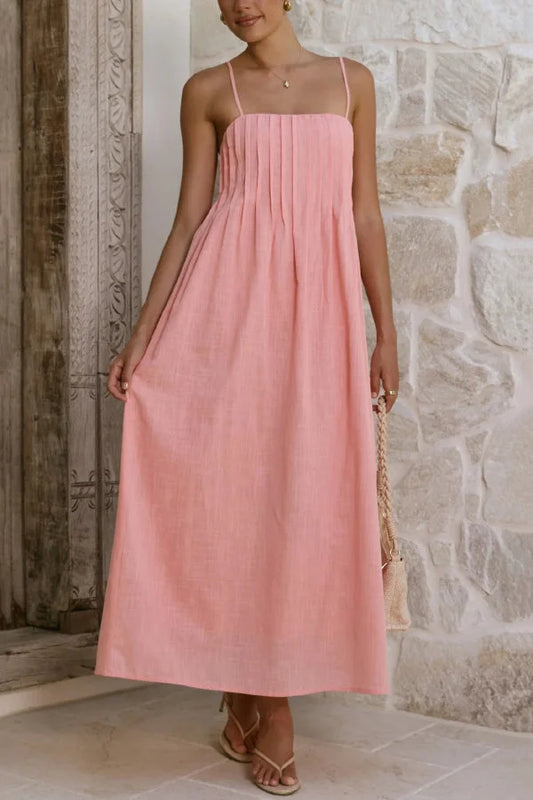 Women’s Pleated Midi Dress with Square Neckline and Adjustable Suspender Straps
