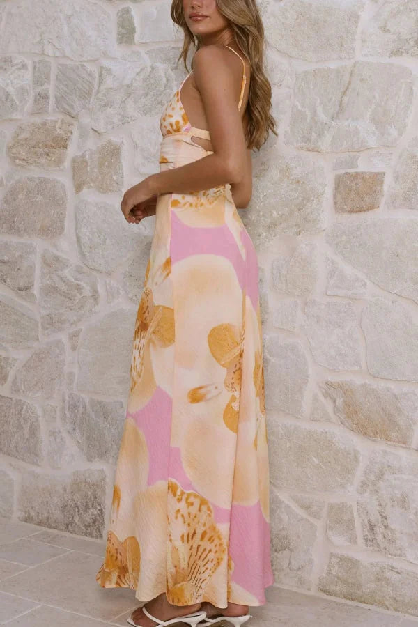 Women’s V-Neck Camisole Maxi Dress with Slim Fit and Botanical Floral Print