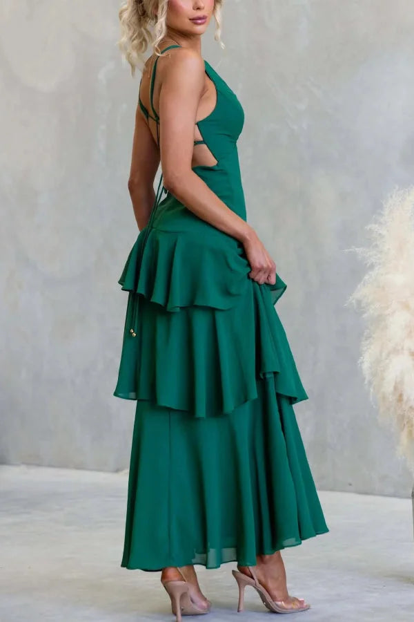 Women’s Sleeveless Maxi Dress with Tiered Skirt and Deep V-Neckline