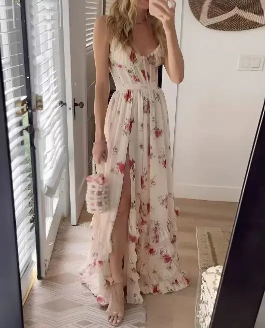 Women’s Floral Maxi Dress Corset Bodice High Slit Wedding Guest Gown