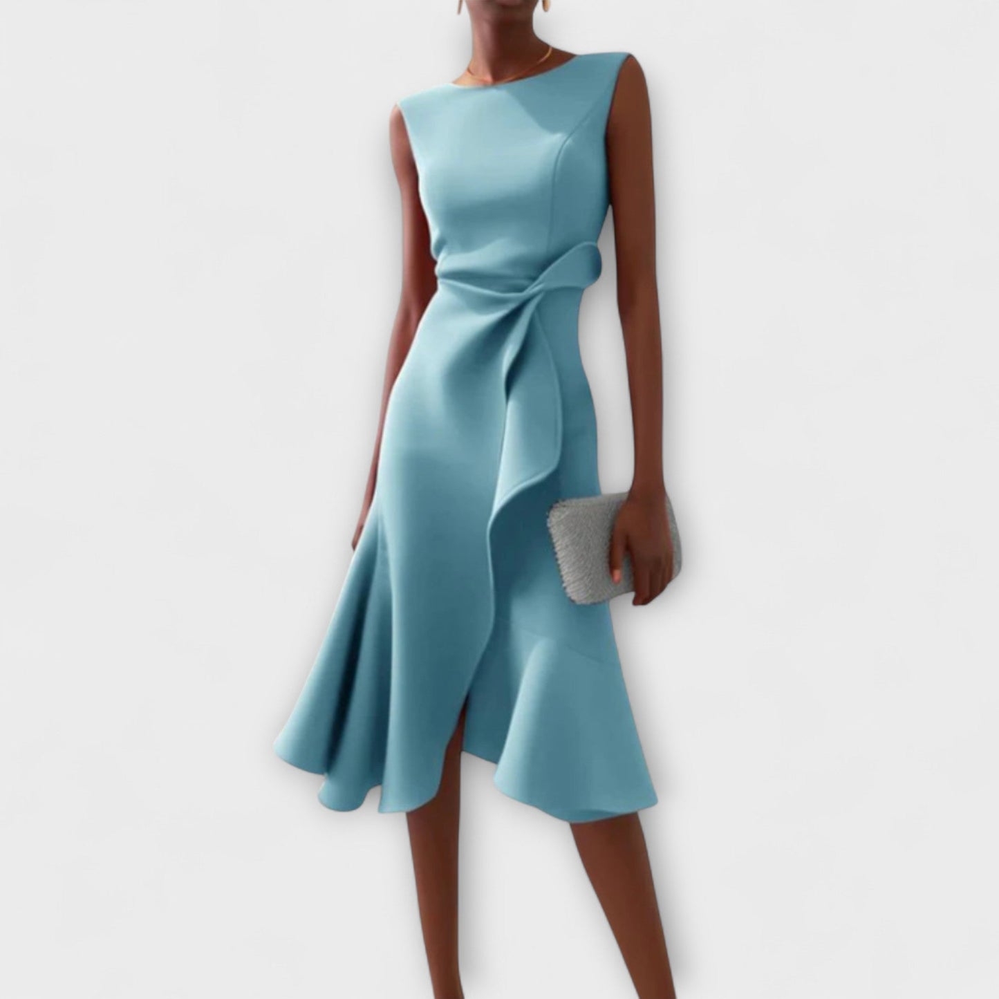 Women’s Midi Dress with Asymmetric Draped Ruffle and Sleeveless Fit