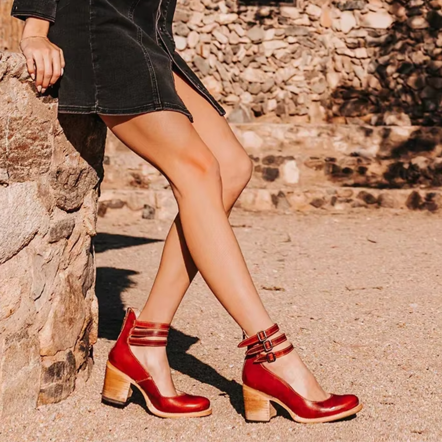 Women’s Block Heel Pumps with Triple Ankle Straps and Distressed Leather Finish
