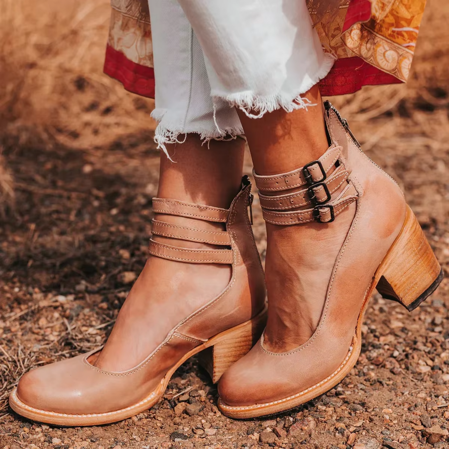 Women’s Block Heel Pumps with Triple Ankle Straps and Distressed Leather Finish