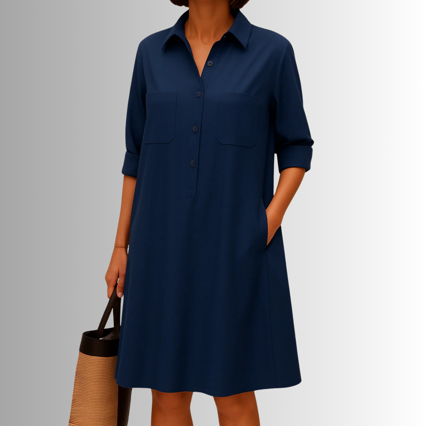 Women¡¯s Relaxed Fit A-Line Shirt Dress with Functional Pockets and Pointed Collar