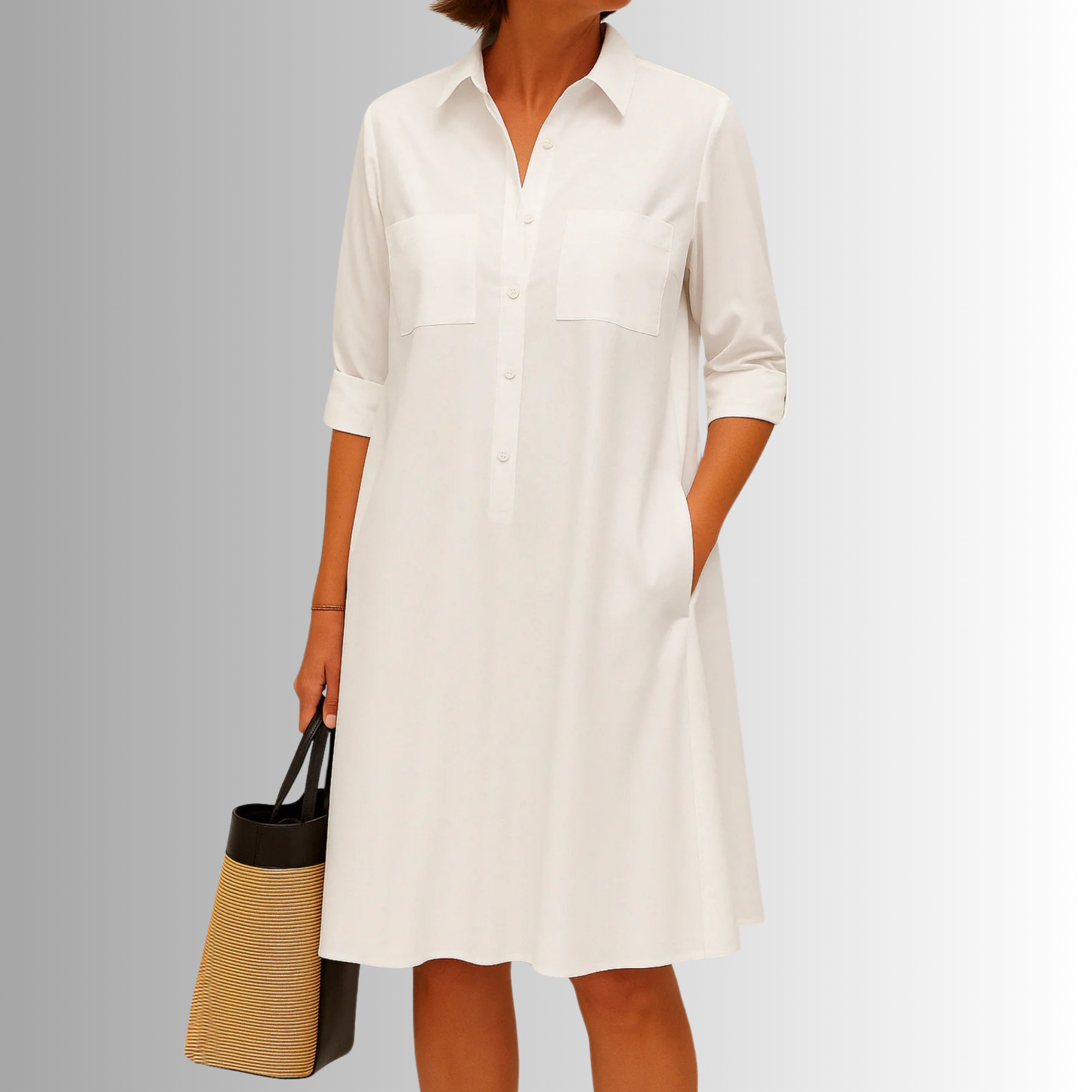 Women¡¯s Relaxed Fit A-Line Shirt Dress with Functional Pockets and Pointed Collar