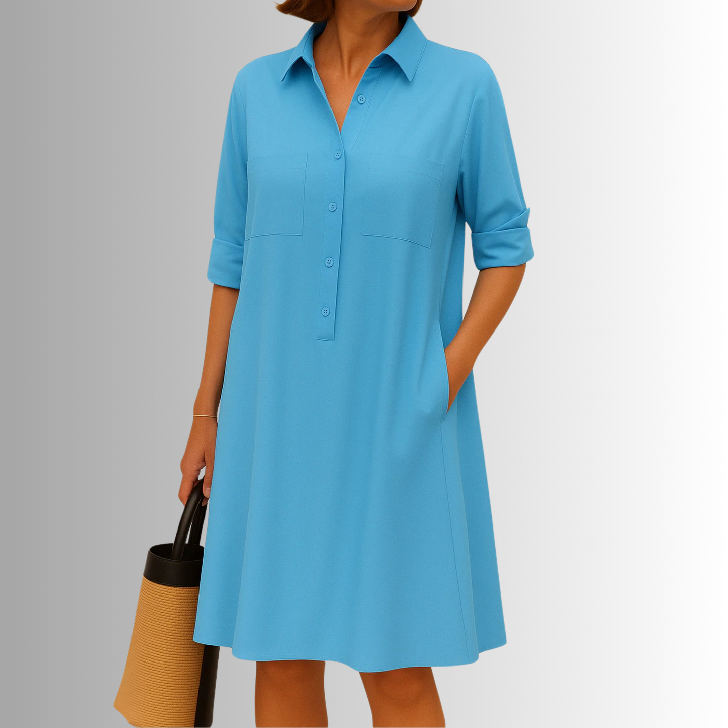 Women¡¯s Relaxed Fit A-Line Shirt Dress with Functional Pockets and Pointed Collar