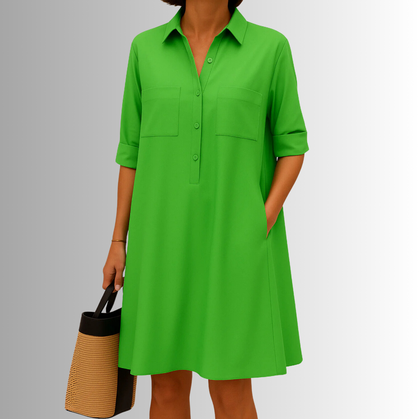 Women¡¯s Relaxed Fit A-Line Shirt Dress with Functional Pockets and Pointed Collar