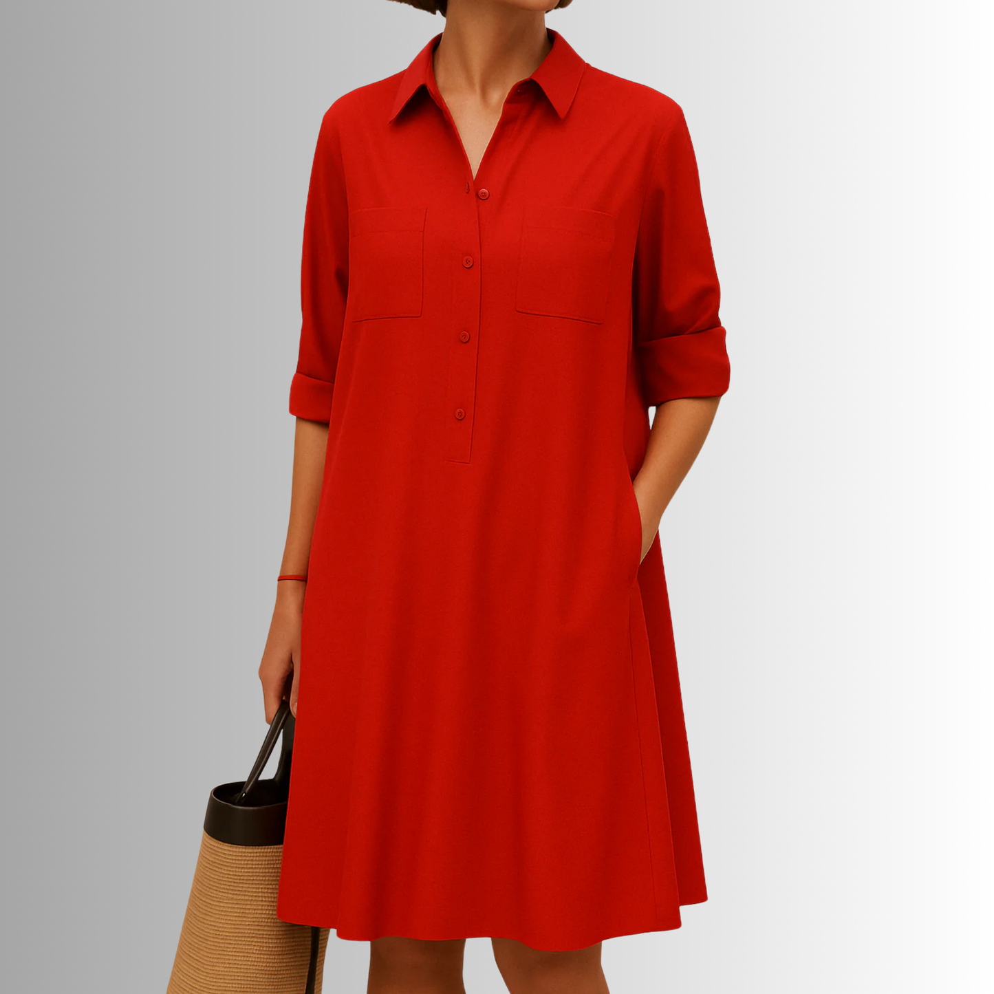 Women¡¯s Relaxed Fit A-Line Shirt Dress with Functional Pockets and Pointed Collar