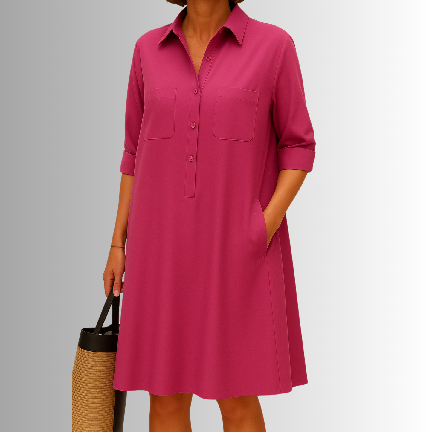 Women¡¯s Relaxed Fit A-Line Shirt Dress with Functional Pockets and Pointed Collar