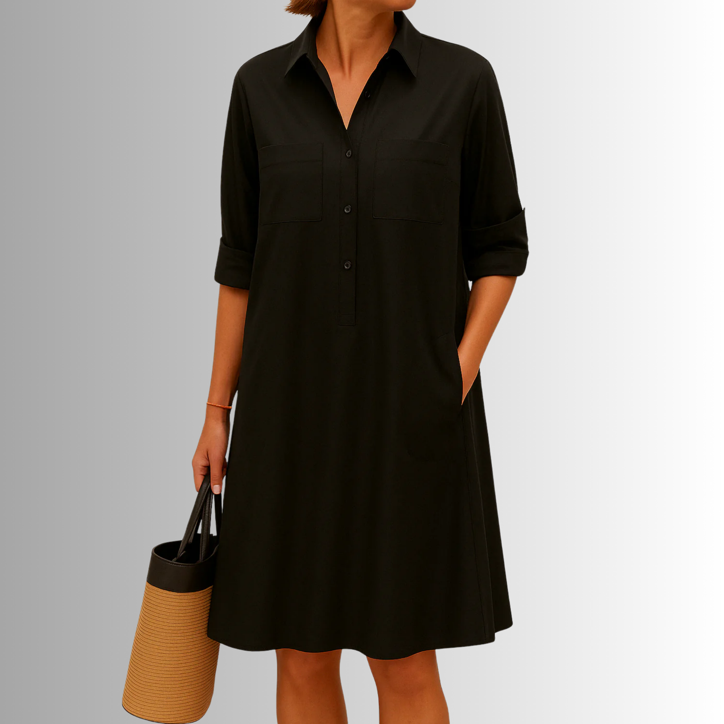 Women¡¯s Relaxed Fit A-Line Shirt Dress with Functional Pockets and Pointed Collar
