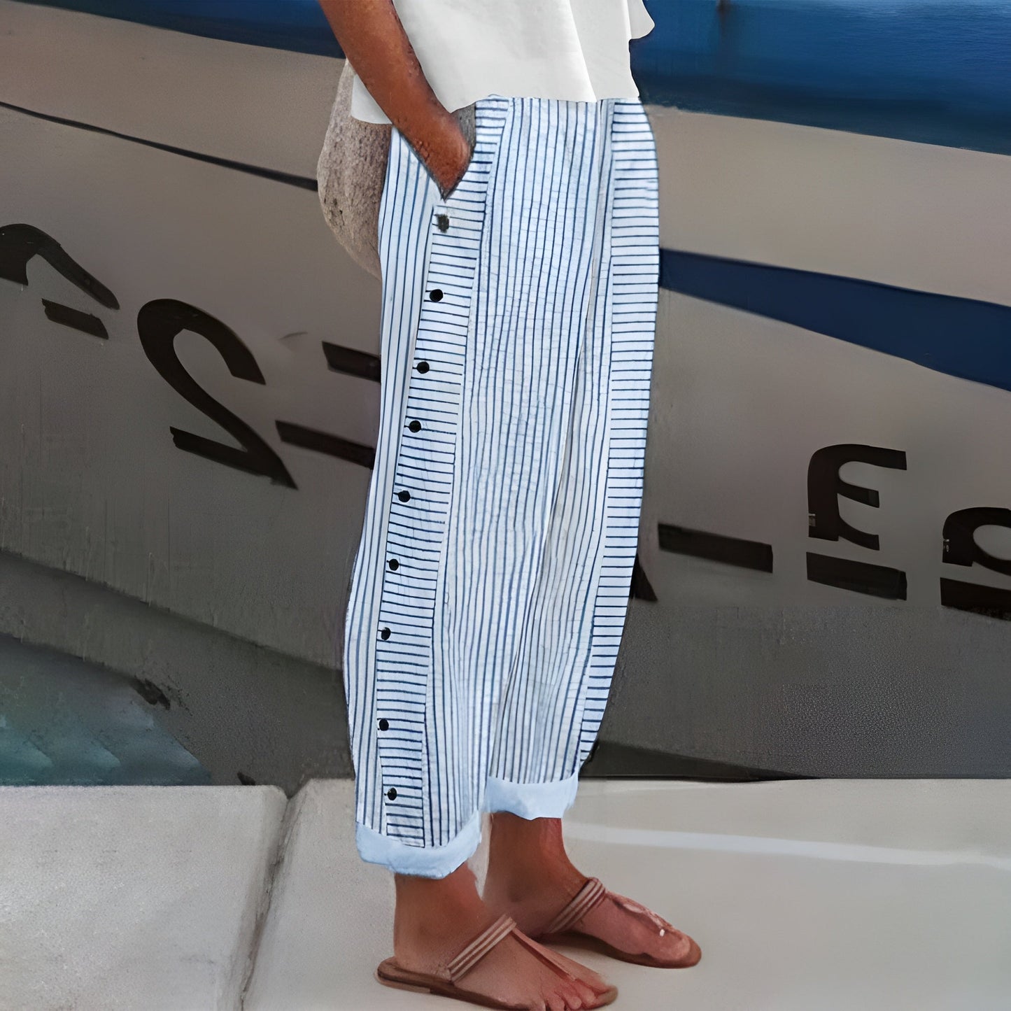 Women’s Wide Leg Pants with Side Button Detail and Striped Linen Fit