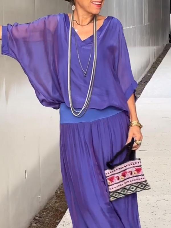 Women’s Two Piece Wide Leg Pant Set with V Neck Chiffon Tunic Top