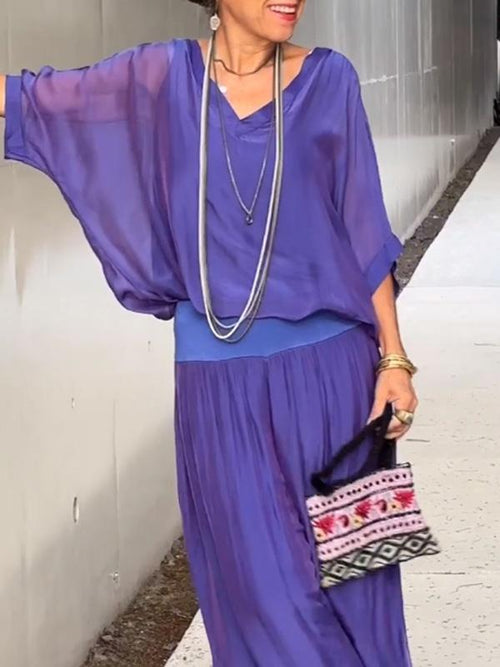 Women’s Two Piece Wide Leg Pant Set with V Neck Chiffon Tunic Top