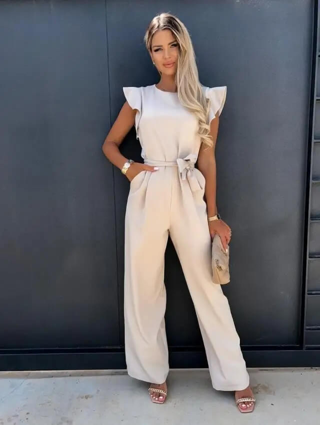 Women’s Wide Leg Jumpsuit with Ruffle Sleeves and Belted Waist