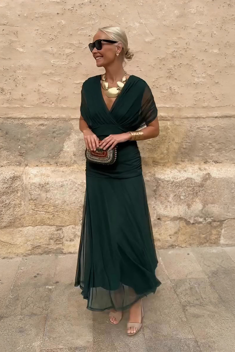 Women’s Maxi Dress with Surplice V-Neckline and Ruched Tulle Overlays