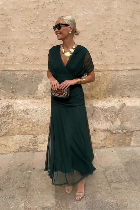 Women’s Maxi Dress with Surplice V-Neckline and Ruched Tulle Overlays