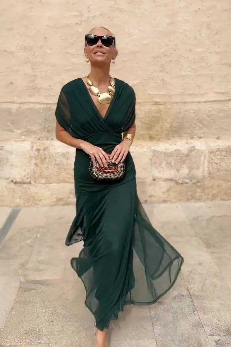 Women’s Maxi Dress with Surplice V-Neckline and Ruched Tulle Overlays