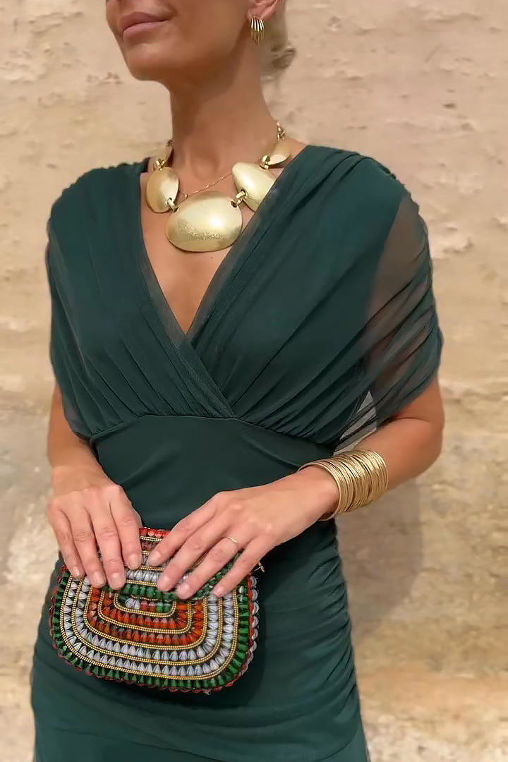 Women’s Maxi Dress with Surplice V-Neckline and Ruched Tulle Overlays