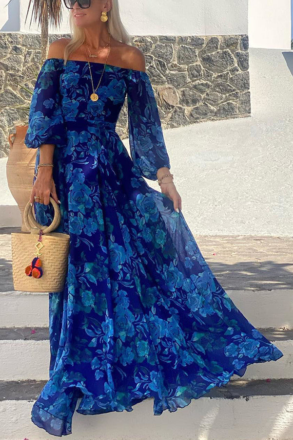 Women’s Floral Maxi Dress Off-Shoulder Puff Sleeve Wedding Guest Gown