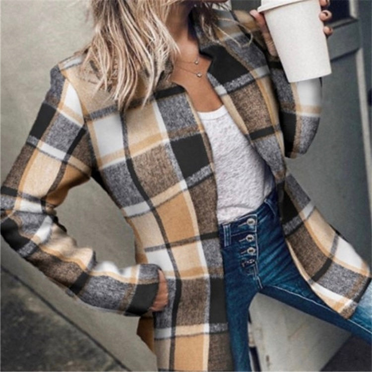 Ceylan Women’s Herringbone Textured Blazer Collarless Open Front Coat