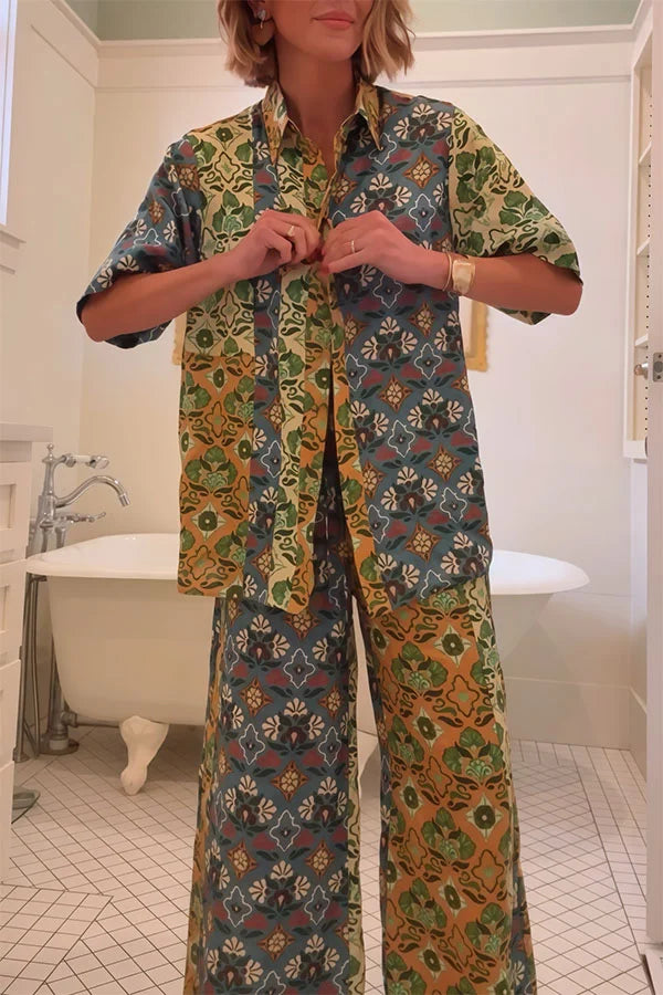 Women’s Two-Piece Set with Floral Patchwork Blouse and Wide Leg Pocket Pants