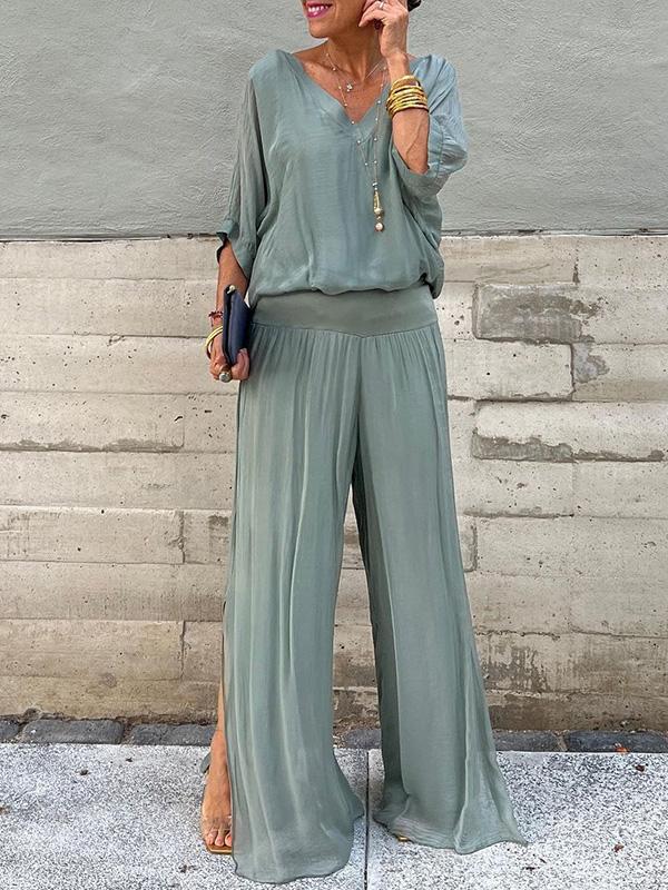 Women’s Two Piece Wide Leg Pant Set with V Neck Chiffon Tunic Top