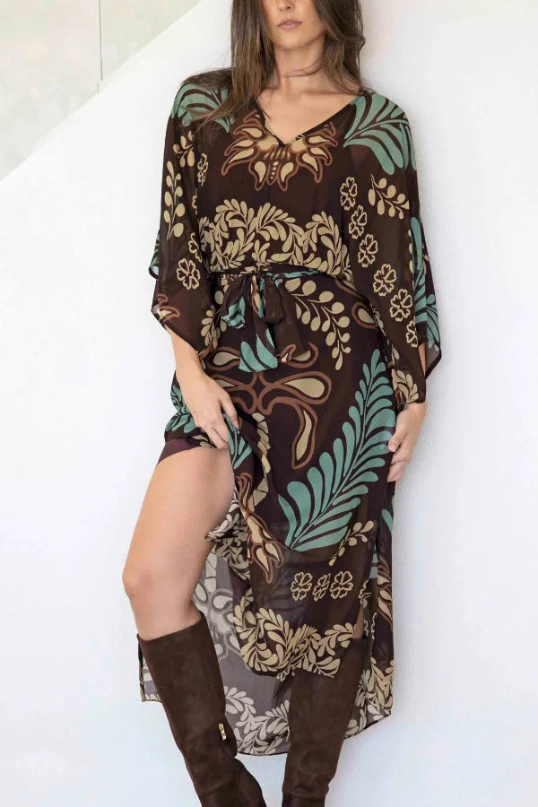Women’s Chiffon Maxi Kaftan with Bohemian Palm Print and Adjustable Waist Belt