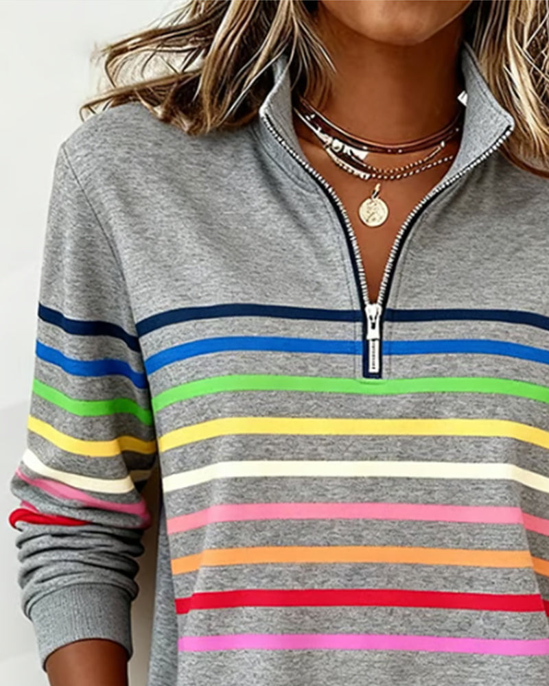 Women's Striped Zip-Neck Knit Sweater With Long Sleeves