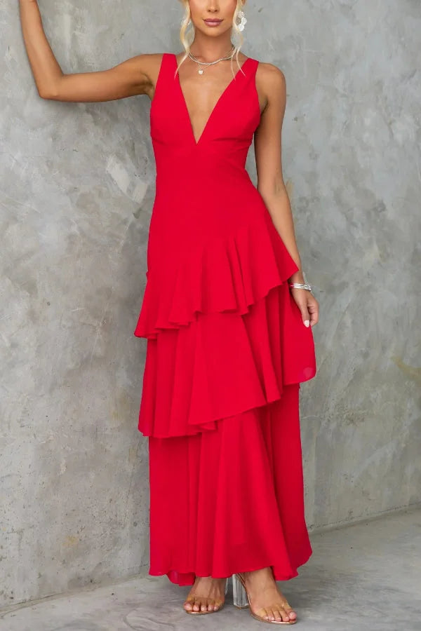 Women’s Sleeveless Maxi Dress with Tiered Skirt and Deep V-Neckline