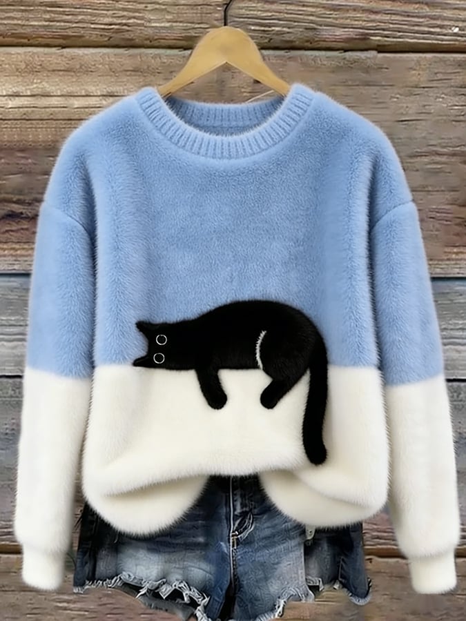 Women's Color-Block Cat Graphic Ribbed Knit Sweater