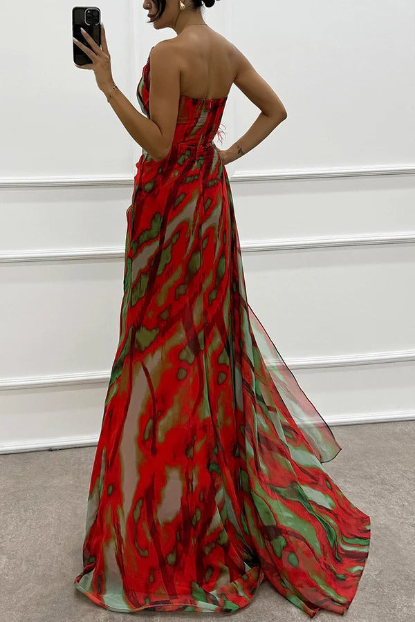 Women’s One-Shoulder Maxi Dress Feather Embellished High Slit Wedding Guest Gown