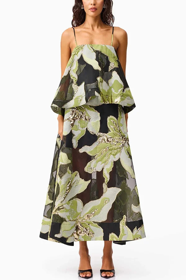 Women’s Maxi Gown with Embroidered Floral Applique and Sheer Mesh Overlay