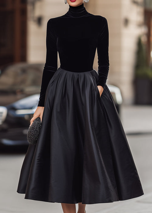 Ceylan Women’s Long Sleeve Velvet Midi Dress with Satin Skirt