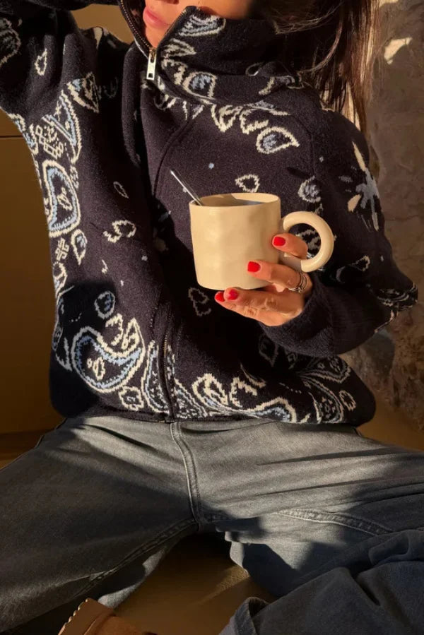 Women's Knit Zip-Up Sweater with Jacquard Paisley Print and High Turtleneck