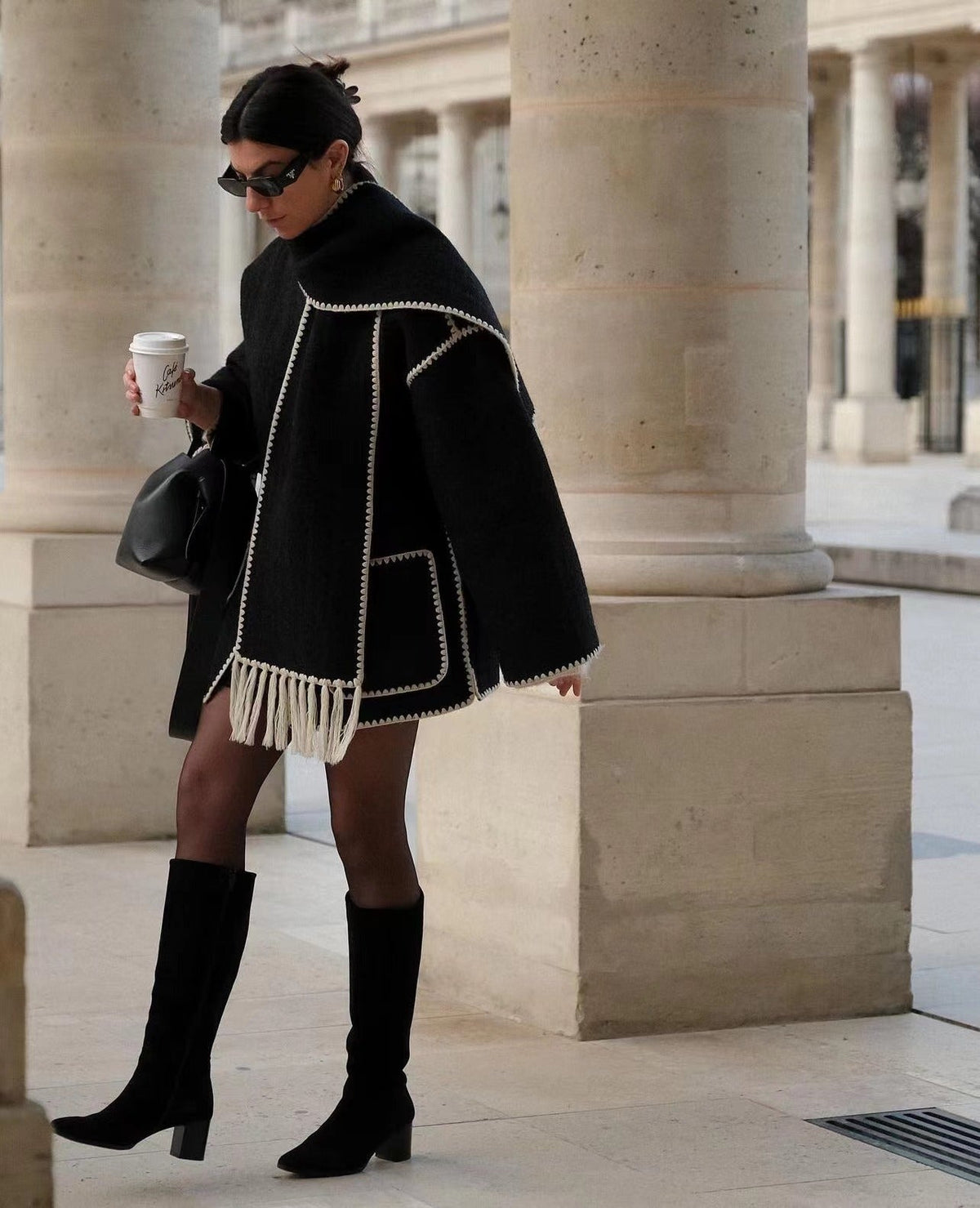 Women's Cape Coat with Contrast Trim and Fringe Detail