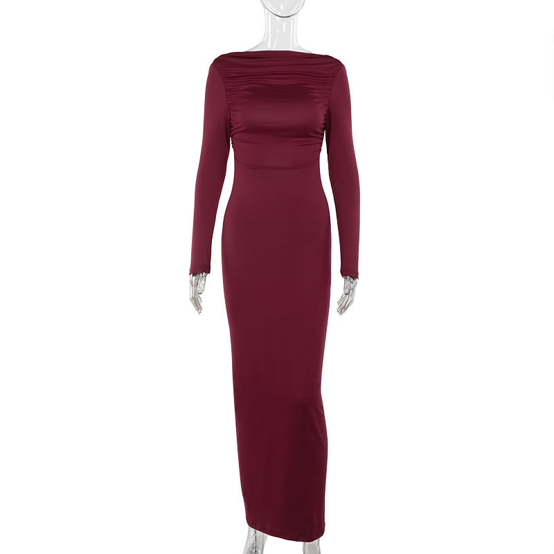 Women's Backless Long Sleeve Maxi Dress with Ruched Detailing