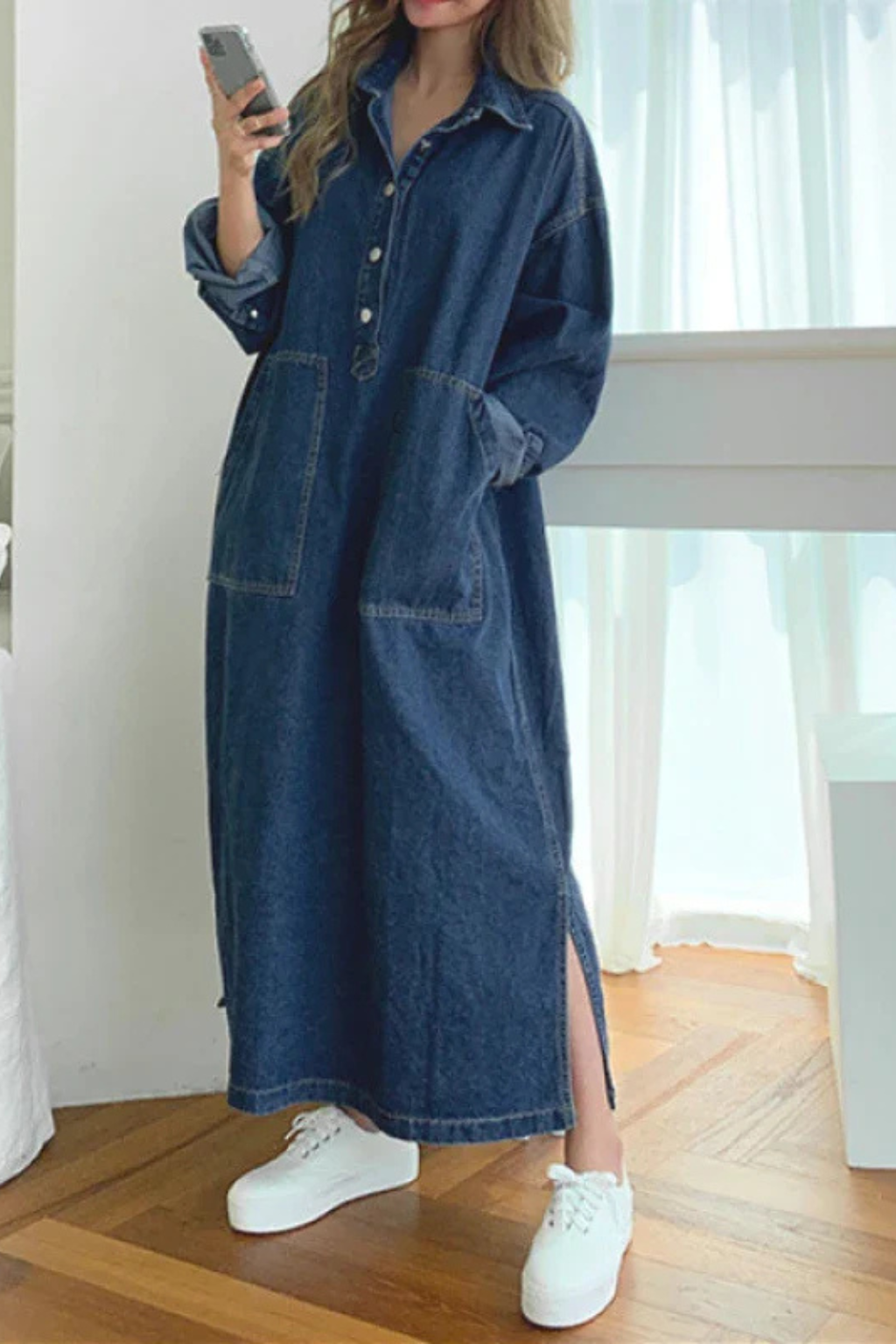 Women’s Maxi Dress with Oversized Denim Silhouette and Functional Patch Pockets