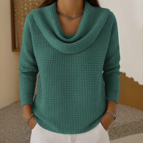 Women's Waffle-Knit Cowl Neck Long Sleeve Top