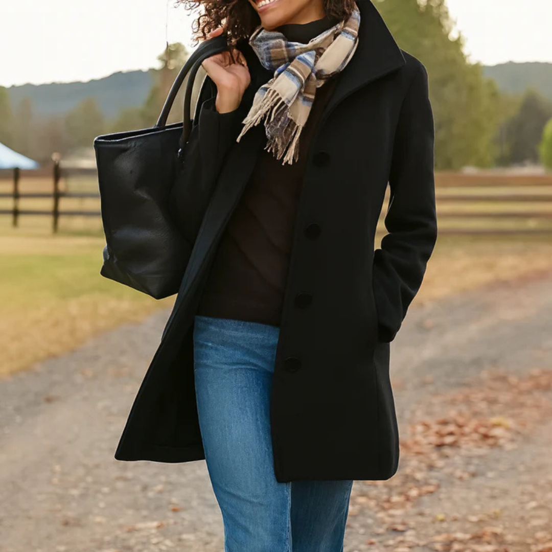 Women's Long Button-Front Winter Coat with Notch Collar