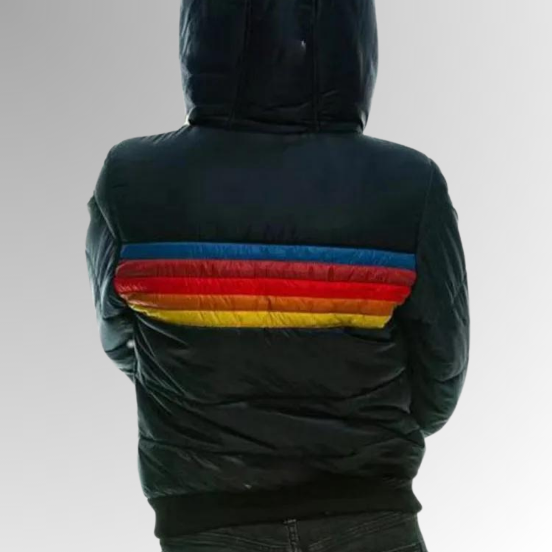 Women’s Blazer jackets Alternative with Retro Rainbow Stripe and Hooded Puffer Design