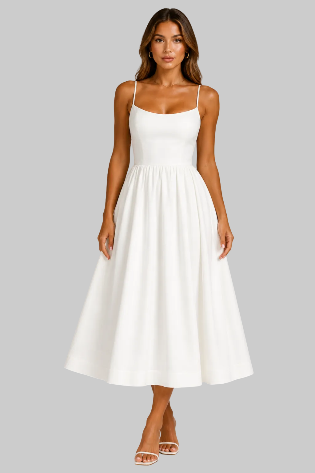Women’s Midi Dress with Square Neckline and Flared Skirt