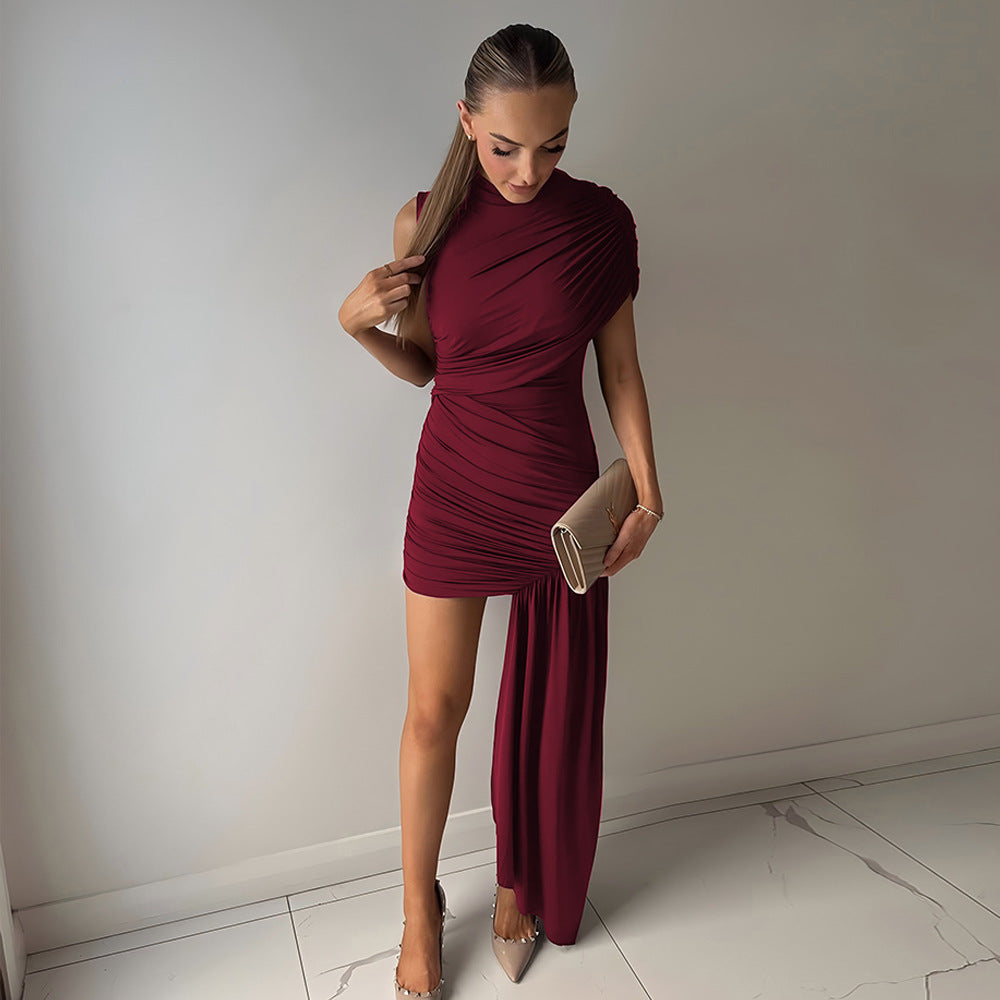 Women’s Ruched Mini Dress with Asymmetric Floor Length Side Drape