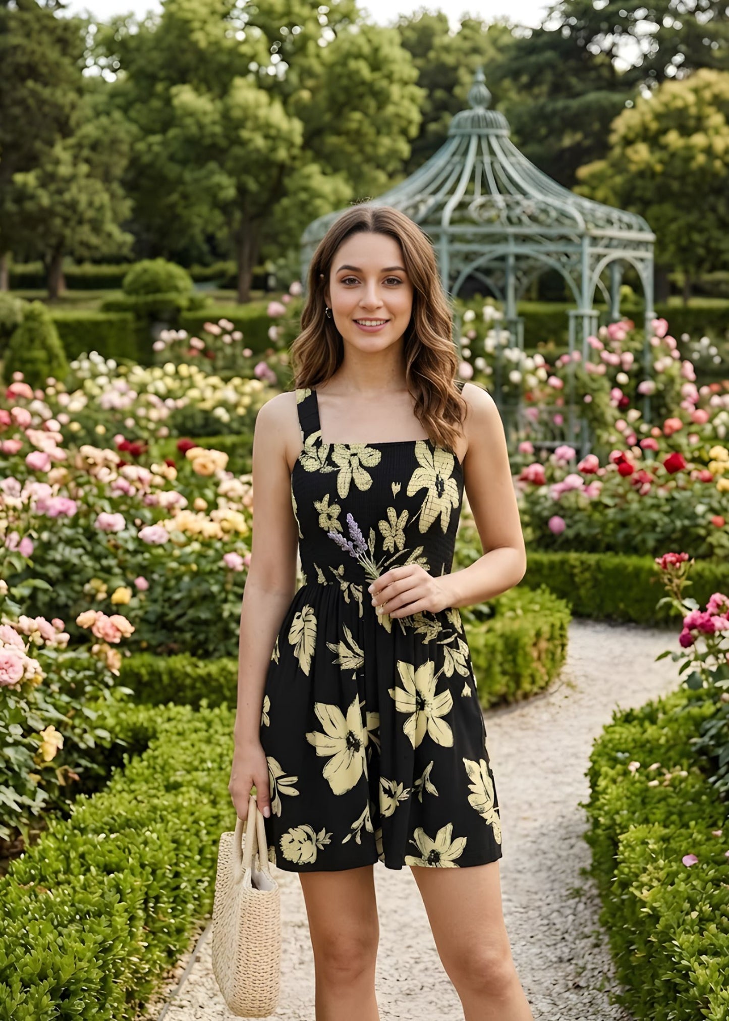Women’s Floral Romper with Smocked Bodice and Side Pockets