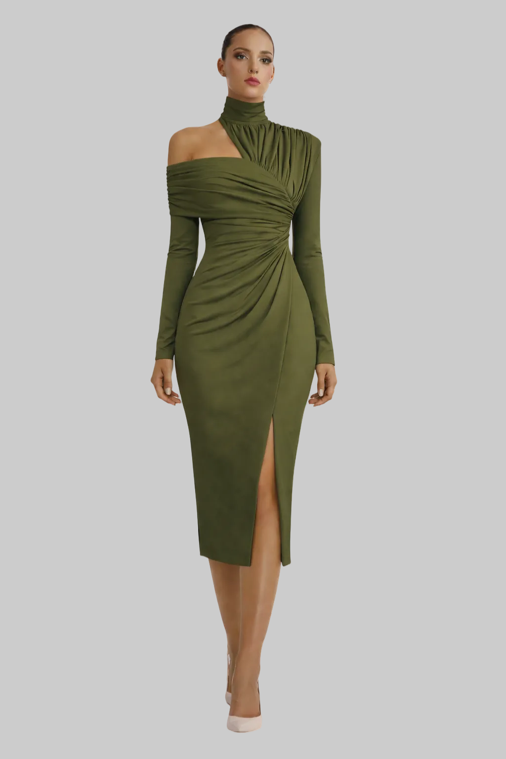 Women’s Midi Dress with High Mock Neckline and Asymmetric One-Shoulder Drape